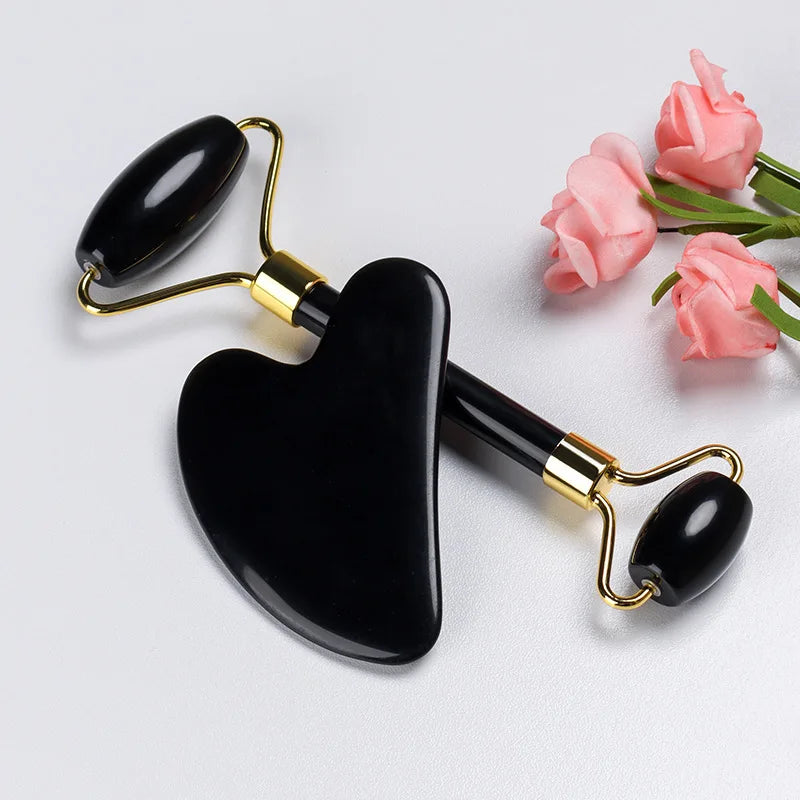 Natural Obsidian Face Roller & Gua Sha Set