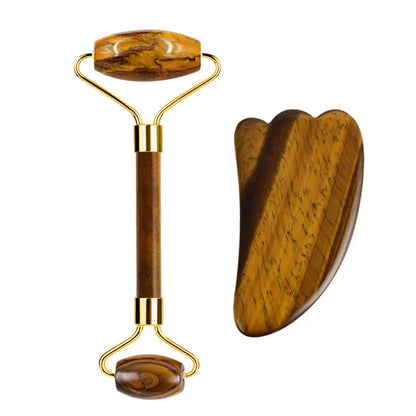 Natural Tiger Eye Gua Sha & Jade Roller Set