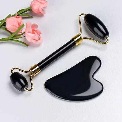 Jade Gua Sha & Obsidian Facial Roller Set