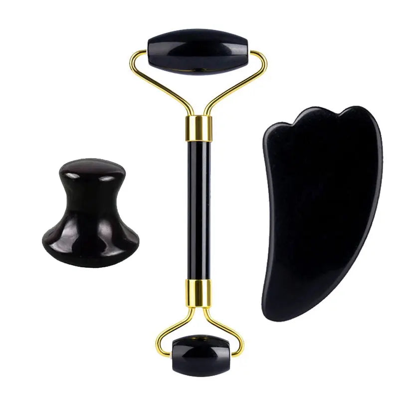 3PCS Black Obsidian Gua Sha & Jade Roller Set