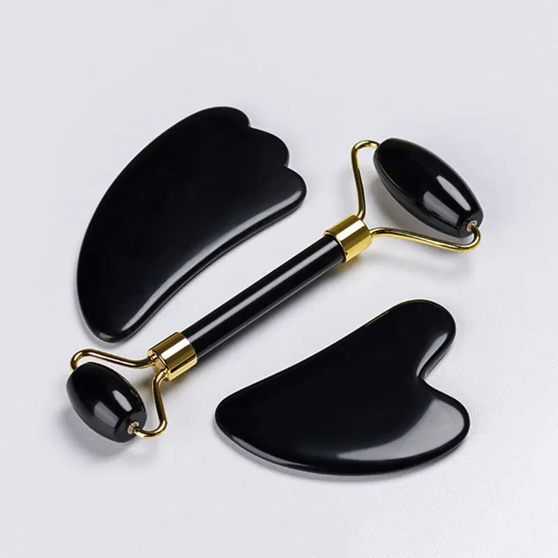 Jade Gua Sha & Obsidian Facial Roller Set