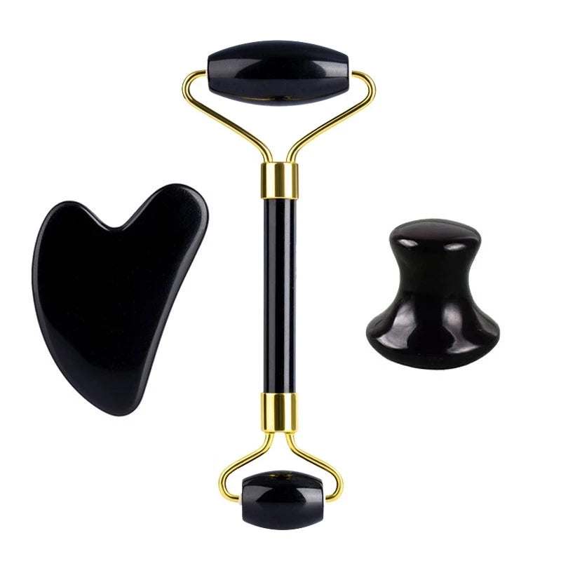 3PCS Black Obsidian Gua Sha & Jade Roller Set