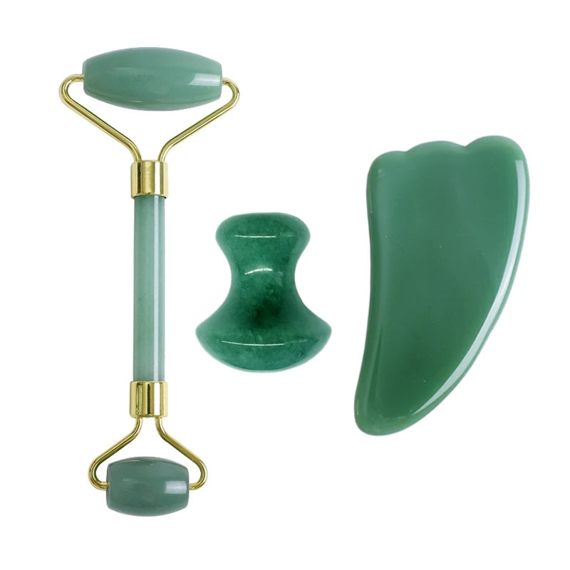 Natural Aventurine Jade Facial Roller & Gua Sha Scraper Set