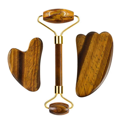 Natural Tiger Eye Gua Sha & Jade Roller Set