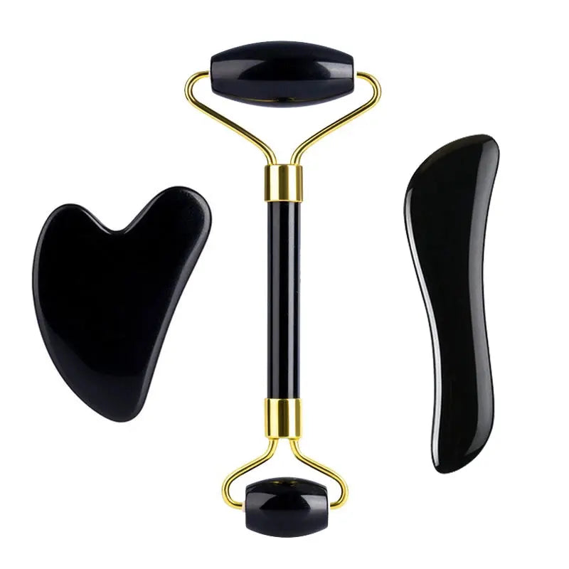 3PCS Black Obsidian Gua Sha & Jade Roller Set
