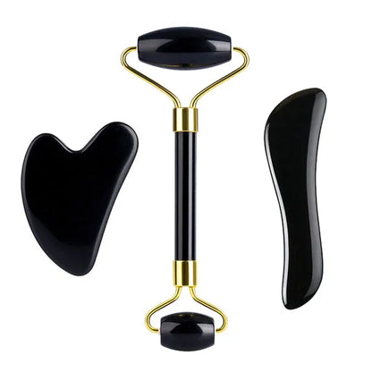 3PCS Black Obsidian Gua Sha & Jade Roller Set