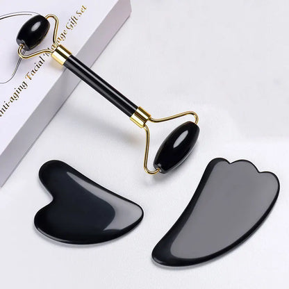 Jade Gua Sha & Obsidian Facial Roller Set